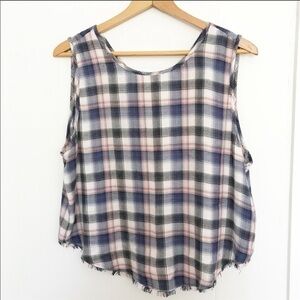 New Cloth & Stone plaid‎ frayed hem tie back tank L